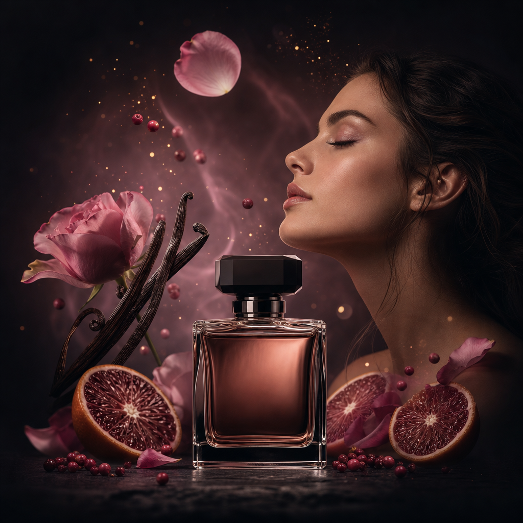 Perfumeza — decants de perfumes de lujo con pétalos de rosa, cítricos y vainilla al atardecer