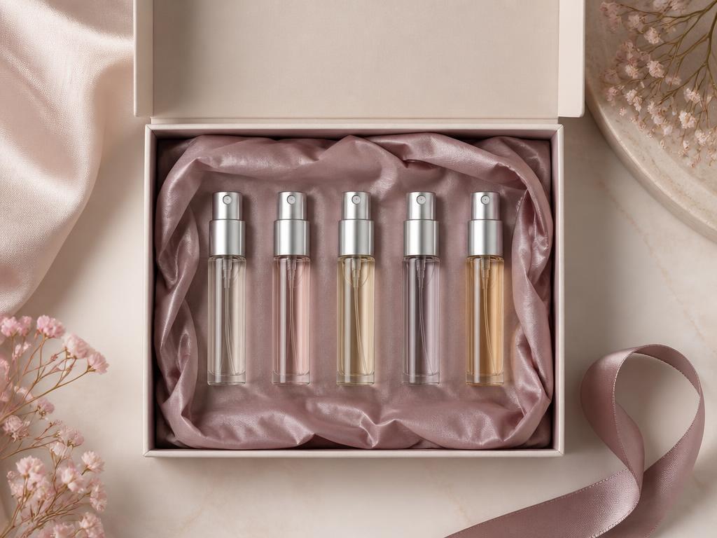 Cinco decants de muestra de 3ml presentados en una caja de regalo abierta forrada con papel de seda rosa