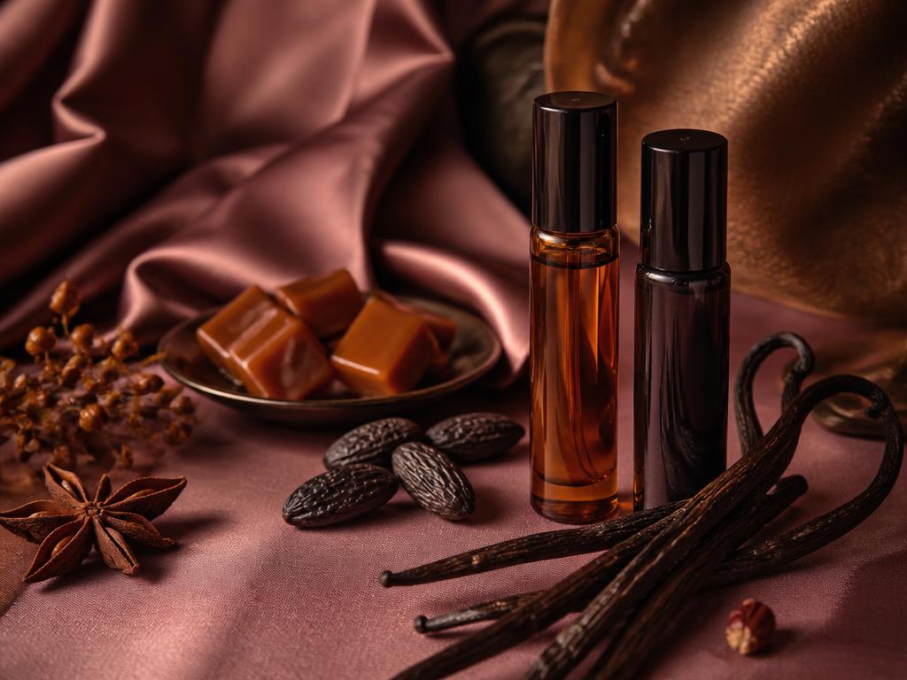 Viales de decant de ámbar junto a vainas de vainilla, habas tonka y caramelo sobre seda malva
